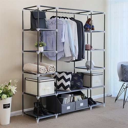 69" Portable Clothes Closet Wardrobe Storage Organizer with Non-Woven Fabric Quick and Easy to Assemble Extra Strong and Durable Gray and Black