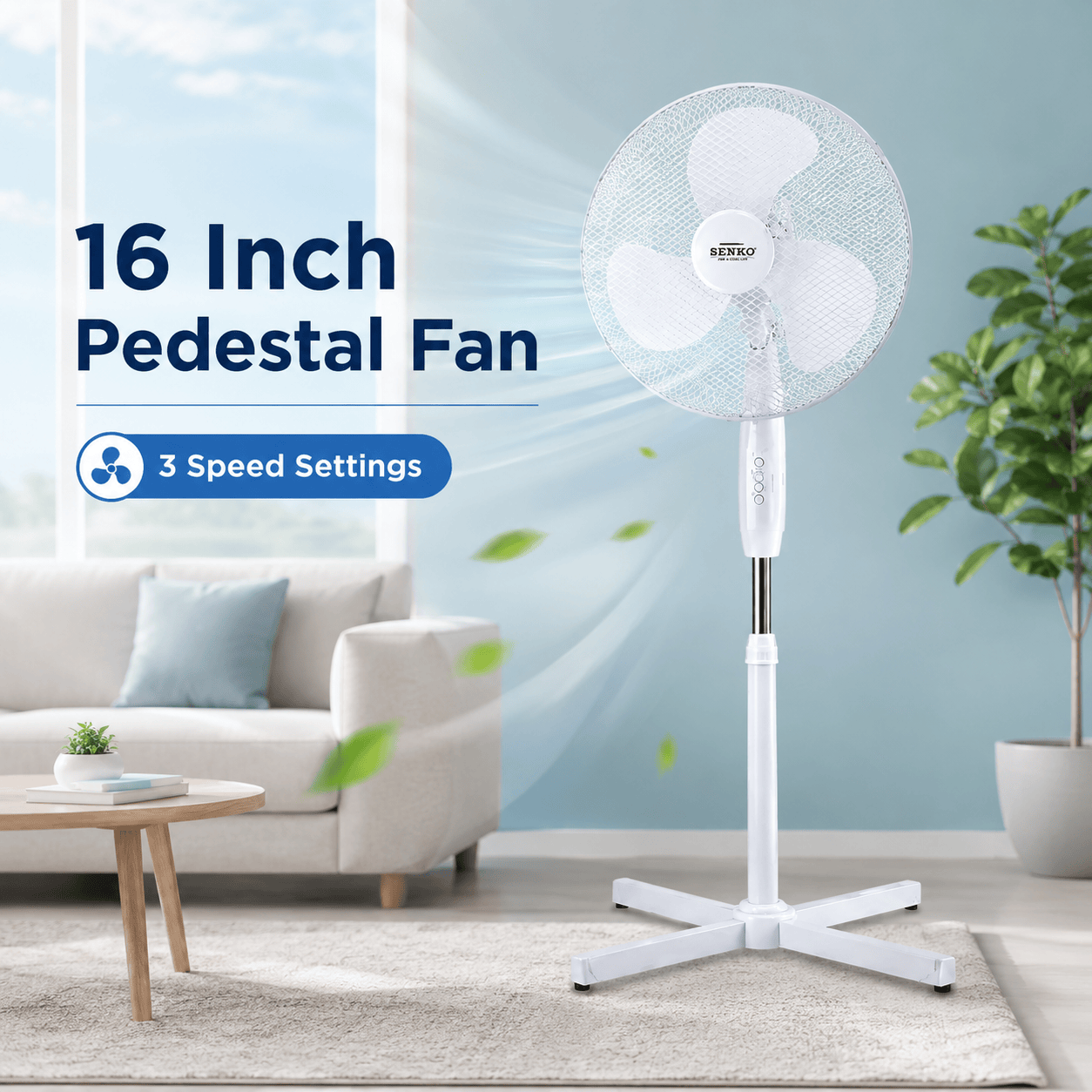 16 Inch Pedestal Fan Cross Base Stand Fan 3 Speed Settings Sturdy Base Portable Fan for Home or Small Office White