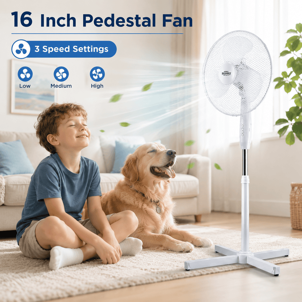 16 Inch Pedestal Fan Cross Base Stand Fan 3 Speed Settings Sturdy Base Portable Fan for Home or Small Office White