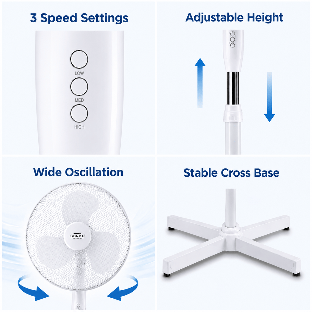 16 Inch Pedestal Fan Cross Base Stand Fan 3 Speed Settings Sturdy Base Portable Fan for Home or Small Office White