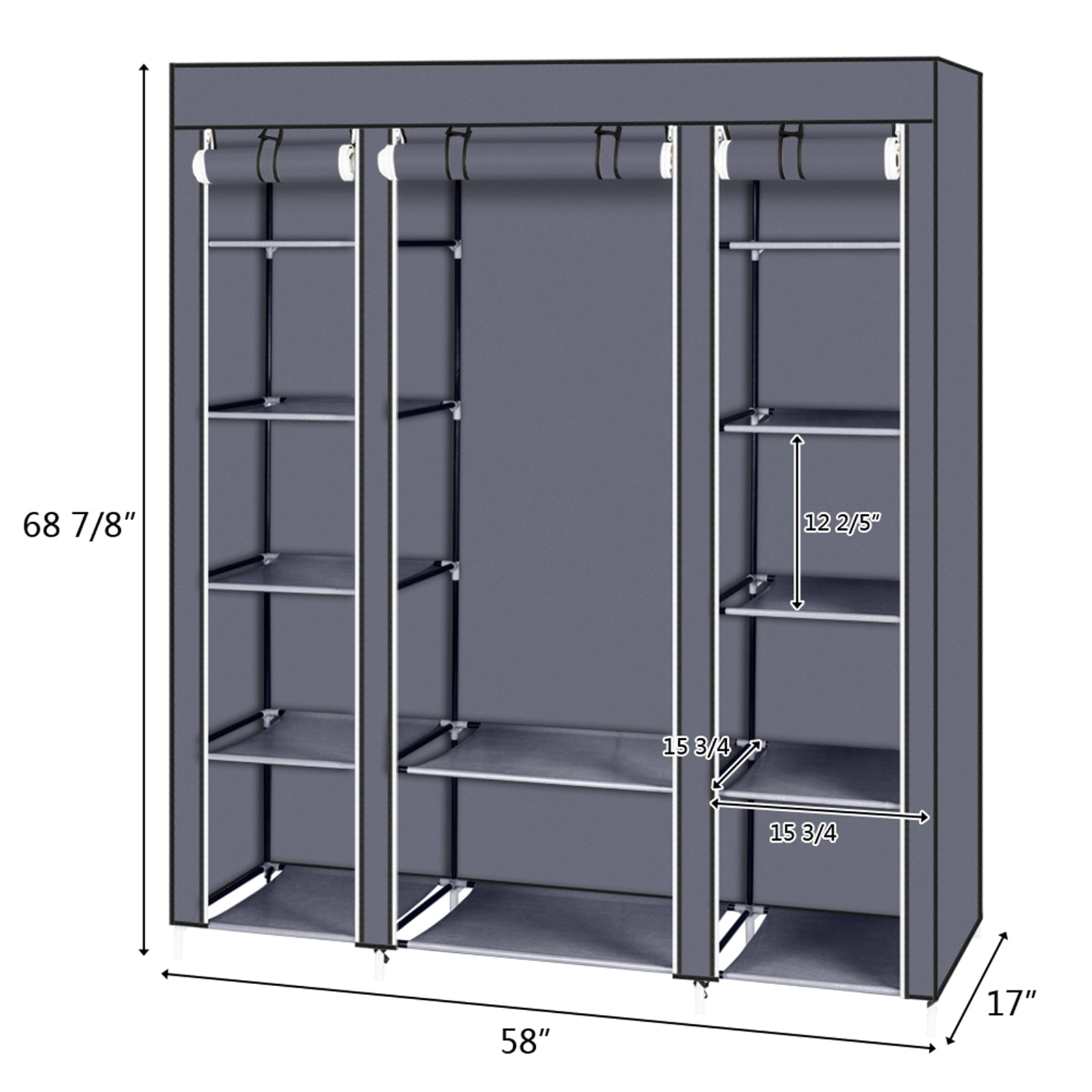 69" Portable Clothes Closet Wardrobe Storage Organizer with Non-Woven Fabric Quick and Easy to Assemble Extra Strong and Durable Gray and Black