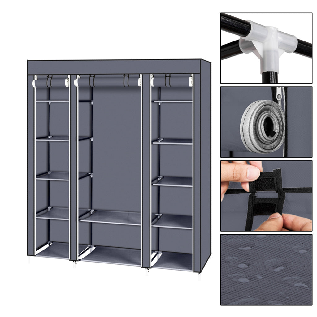 69" Portable Clothes Closet Wardrobe Storage Organizer with Non-Woven Fabric Quick and Easy to Assemble Extra Strong and Durable Gray and Black