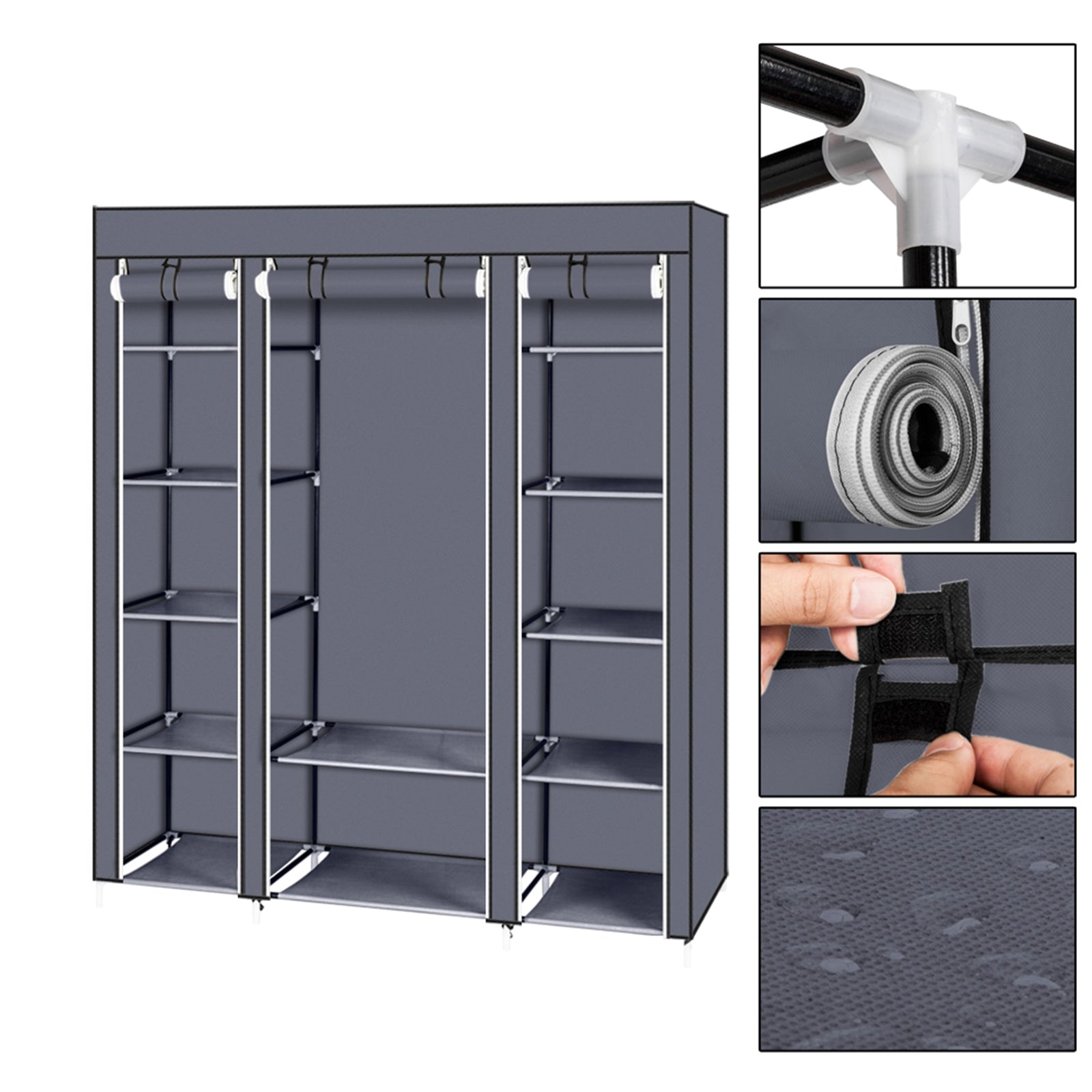 69" Portable Clothes Closet Wardrobe Storage Organizer with Non-Woven Fabric Quick and Easy to Assemble Extra Strong and Durable Gray and Black