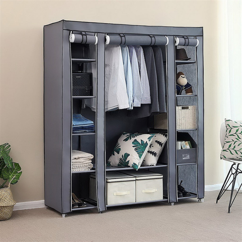 69" Portable Clothes Closet Wardrobe Storage Organizer with Non-Woven Fabric Quick and Easy to Assemble Extra Strong and Durable Gray and Black
