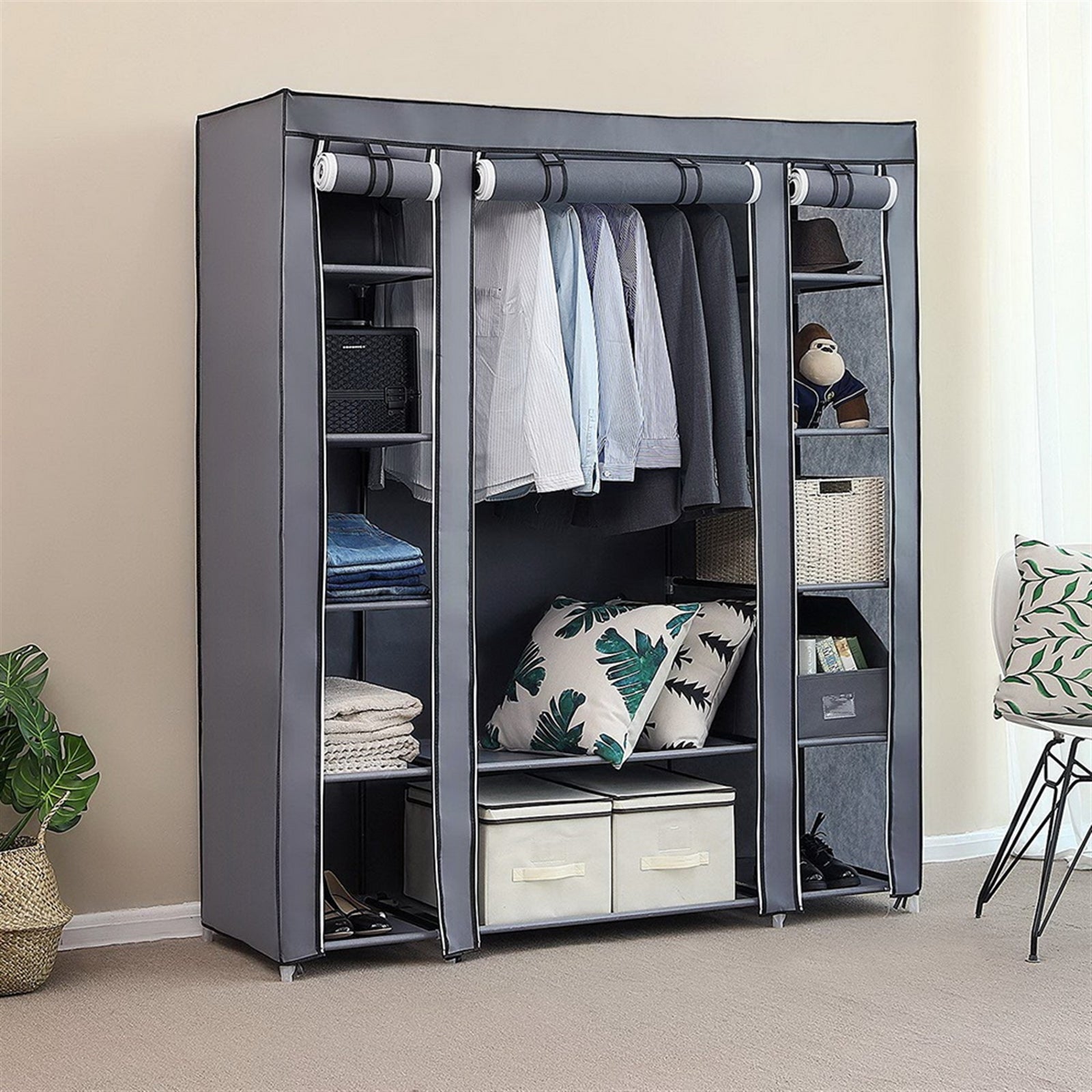 69" Portable Clothes Closet Wardrobe Storage Organizer with Non-Woven Fabric Quick and Easy to Assemble Extra Strong and Durable Gray and Black
