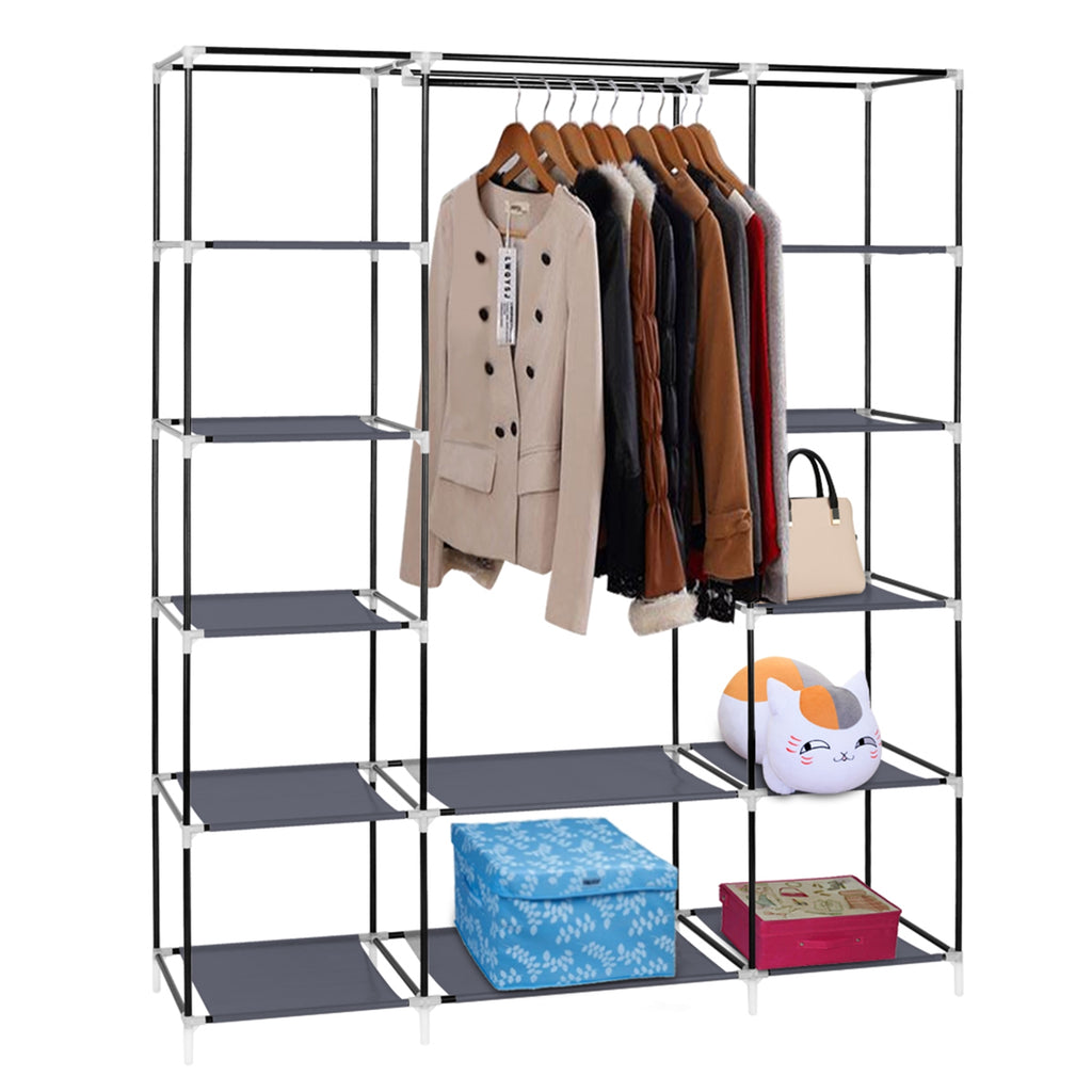 69" Portable Clothes Closet Wardrobe Storage Organizer with Non-Woven Fabric Quick and Easy to Assemble Extra Strong and Durable Gray and Black