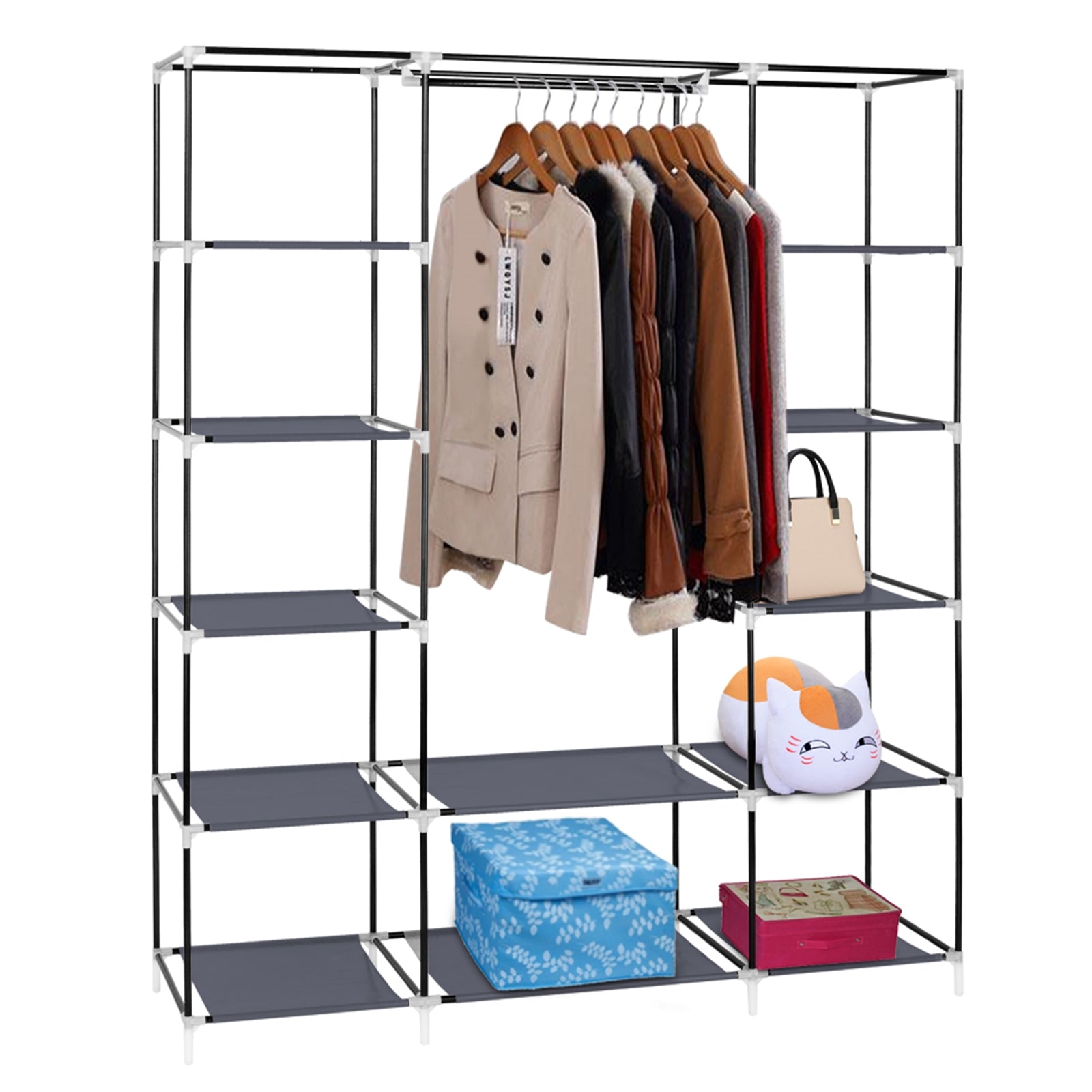 69" Portable Clothes Closet Wardrobe Storage Organizer with Non-Woven Fabric Quick and Easy to Assemble Extra Strong and Durable Gray and Black